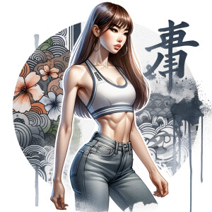 Athletic Thin skinny Attractive, Asian teenage girl, long brown hair and bangs, wearing tight skinny jeans and a halter top paint marks on her clothing, heroic pose Asian graffiti background, side view