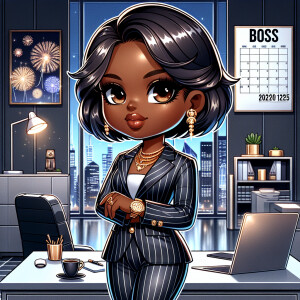 Chibi-style African American woman in a fitted pinstripe suit st...