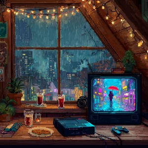 A cozy attic room at night during heavy rain, viewed from inside...