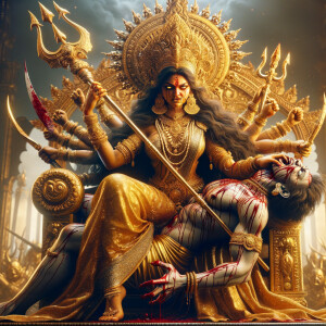 portrait of angry looking goddess durga sitting on a gold crown and carrying a weak mahishasur on her lap and stabbing him with her amazingly designed trident. She is wearing gold armor, a huge gold crown, gold saree, abundant  gold jewelry, covered in blood. The scene is set in ancient India. The image is 8K resolution, cinematic, ultra detailed face and epic.