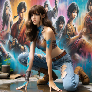 teenage girl, long brown hair and bangs, wearing tight skinny jeans and a halter top paint marks on her clothing, heroic pose Asian graffiti background, nearing on one knee