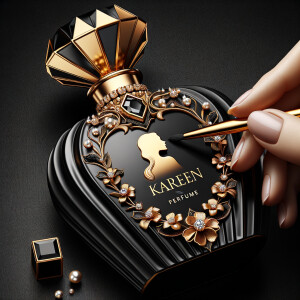 Design a fancy, black and gold bottle of perfume in the shape of a woman’s body. With a golden diamond top, flowers pearls and Diamonds in the name, Karen