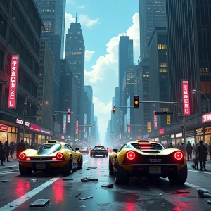 Visualize a bustling, dystopian cityscape set in the future, fea...