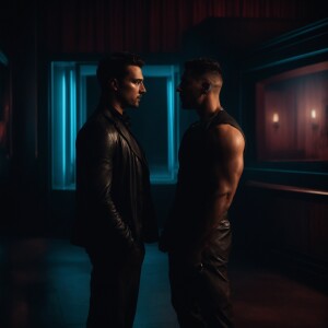 Describe the image of two muscular men standing confidently with...