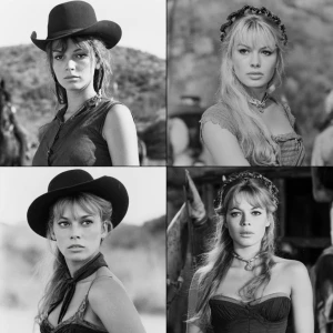 Brigitte bardot in a western movie, black and white, four Frames