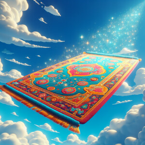 Cartoon magic carpet float blue sky