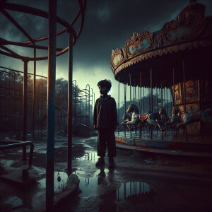 Evening. An abandoned rusty playground. The boy is standing near...