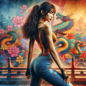 Athletic Thin skinny Attractive, Asian teenage girl, long brown hair and bangs, wearing tight skinny jeans and a halter top paint marks on her clothing, heroic pose Asian graffiti background, backside view