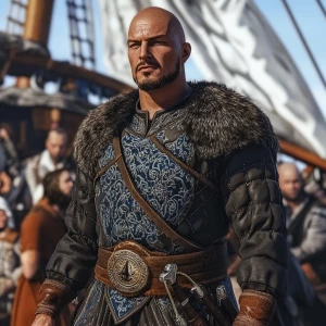 A muscular, bald man dressed in a medieval-style outfit consisti...