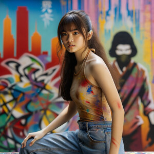 Very thin Athletic Thin skinny Attractive, Asian teenage girl, long brown hair and bangs, wearing tight skinny jeans and a halter top paint marks on her clothing, sitting side view heroic pose Asian graffiti