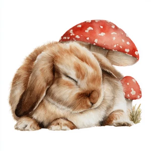 Fluffy brown rabbit sleeping under red spotted mushroom, soft wa...
