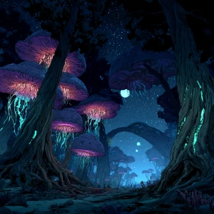 A vast, eerie alien forest viewed from a low angle, framed by to...
