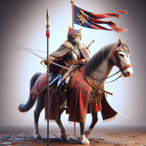 Create a realistic picture of a humanoid cat as a swordsman, wea...