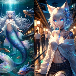Create an image of a stunning female fox with luminous blue eyes...