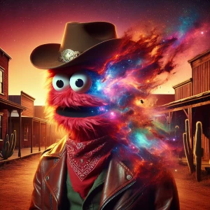 "A surreal Wild West scene featuring a red furry puppet cowboy w...