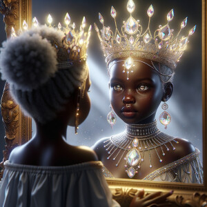 In a 3-D realistic world, a beautiful African-American child stands before a mirror. Her eyes widen as she gazes at her reflection, for the mirror reveals not just her own image but a majestic adult queen. The queen’s skin glows with regal elegance, her features exuding grace and wisdom. She wears a crown adorned with shimmering jewels, each gem reflecting the light like a thousand stars.
The child’s wonder deepens as she realizes that the queen in the mirror is none other than her future self—a powerful ruler who wears her heritage with pride. The mirror whispers secrets of destiny, urging her to embrace her potential and become the queen she sees.
And there, in this magical moment, the child and the queen share a silent pact: to honor their roots, uplift their people, and wear their crowns with unyielding strength.