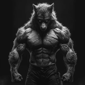 A muscular lycanthrope with dense fur, posed to display a full-b...