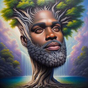 A hyper-realistic 3-D oil painting depicting a tree integrated w...