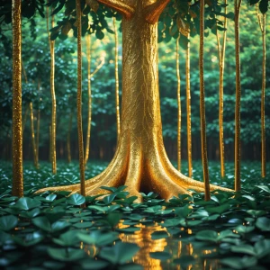 In the heart of a shimmering absurd forest, a towering tree made...
