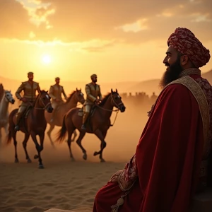 A majestic Middle Eastern king sits on a raised platform at suns...