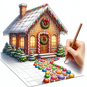 Design a gingerbread house featuring intricate Christmas decorat...