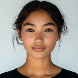 Create an image of a cute 19-year-old woman with a clear complex...