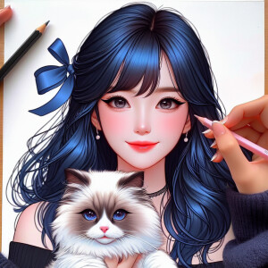 Realistic anime woman with dark blue hair and dark brown eyes. S...