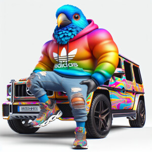 Create a colorful/psyscadelic character of big bird wearing a Ni...