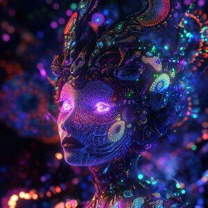 Create an image of a bioluminescent, Aries-themed female figure...