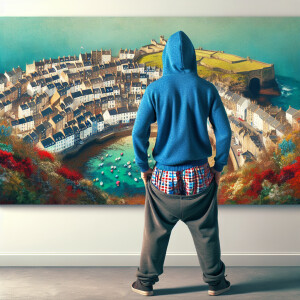 A person from behind, wearing a blue hoodie and grey sagging swe...