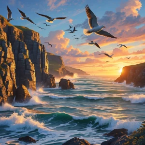 Generate a view of a rocky coastline at sunrise, with waves cras...