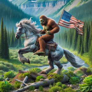 Bigfoot astride a horse, clutching an American flag, galloping t...