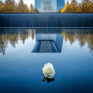 A solemn image shows the reflective twin pools of the 9/11 Memor...