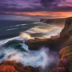 A dramatic coastline where rugged cliffs drop straight into a turbulent sea. Waves crash below, sending mist into the air as the sun sets behind the cliffs, painting the sky with rich hues of orange and purple.