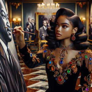 In a high-class, elegantly decorated studio, a very light-skinne...