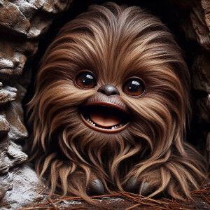 Closeup portrait of Adorable happy baby Chewbacca in a cave
