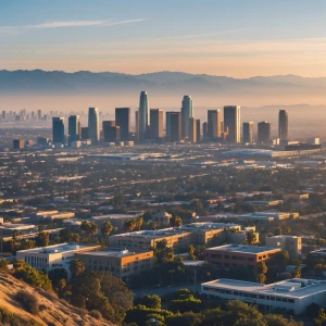 A panoramic view of Los Angeles from a hilltop, focusing on the...