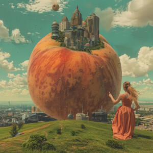 generate a surrealist image of a larger than life peach placed o...