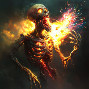 A terrifying undead Grim Reaper-like creature with sharp fangs,...