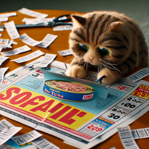 Cat cutting out coupons , sale on tuna