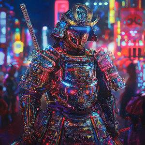 In a dystopian future world, a neon-bathed cyborg samurai stands...