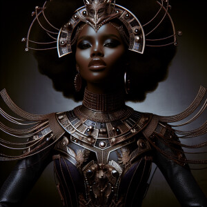 The image depicts a striking American woman in a full-body Wakan...