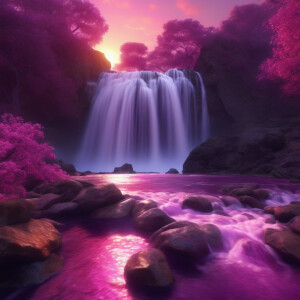 Hyper realistic 4K waterfall with a sunset sky was purple and pi...