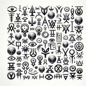 Alien symbols written in graphite, on a white background, strang...