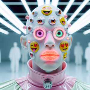 neon red 3d character eyeballs, 5 emoji stickers glued to their...