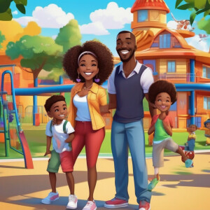 Create an image depicting a cartoon-style African-American famil...