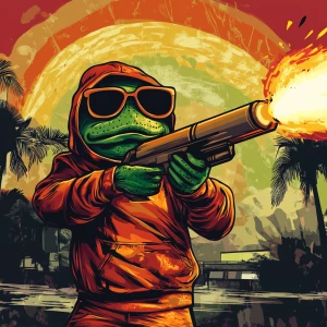 MEME PEPE in GTA art style, Pepe is firing a rocketlauncher, in...