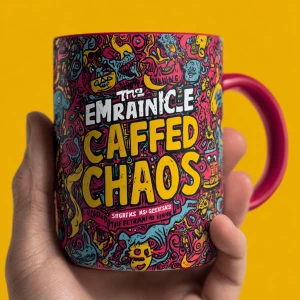 hand-drawn coffee cup overflowing with swirling chaotic animals,...
