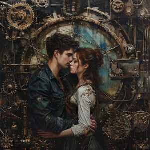 23,The couple in a steampunk world,Gears, steam, intricate machi...