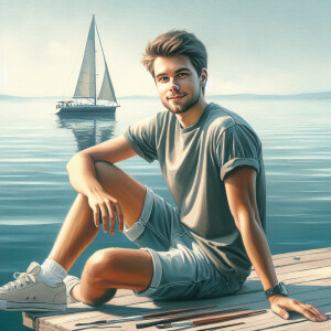 Realistic, oil painting Of a young American man Sitting on a doc...